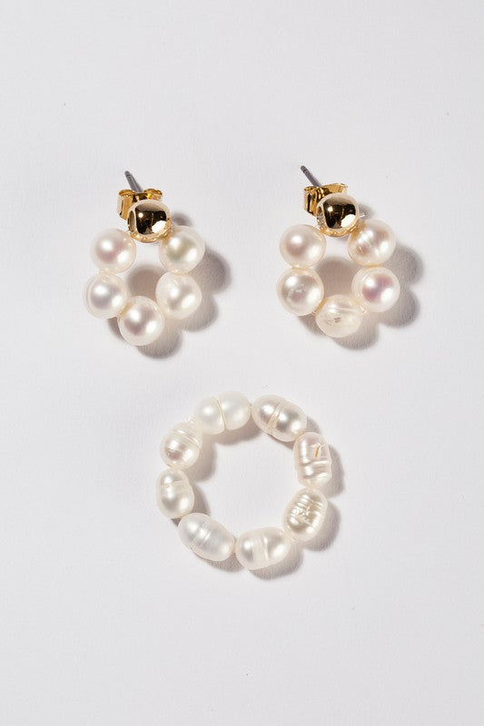 Natural Pearl Ring and Floral Pearl Earring Set