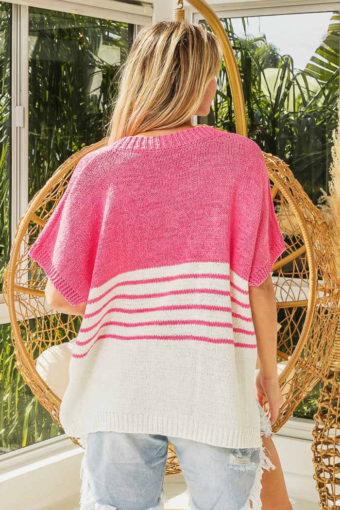 Corinne Striped Short Sleeve V-Neck Sweater