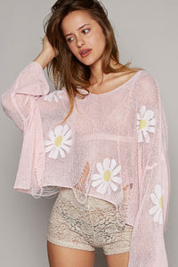 Delicate Thoughts Long Sleeve Distressed Flower Patches Knit Top